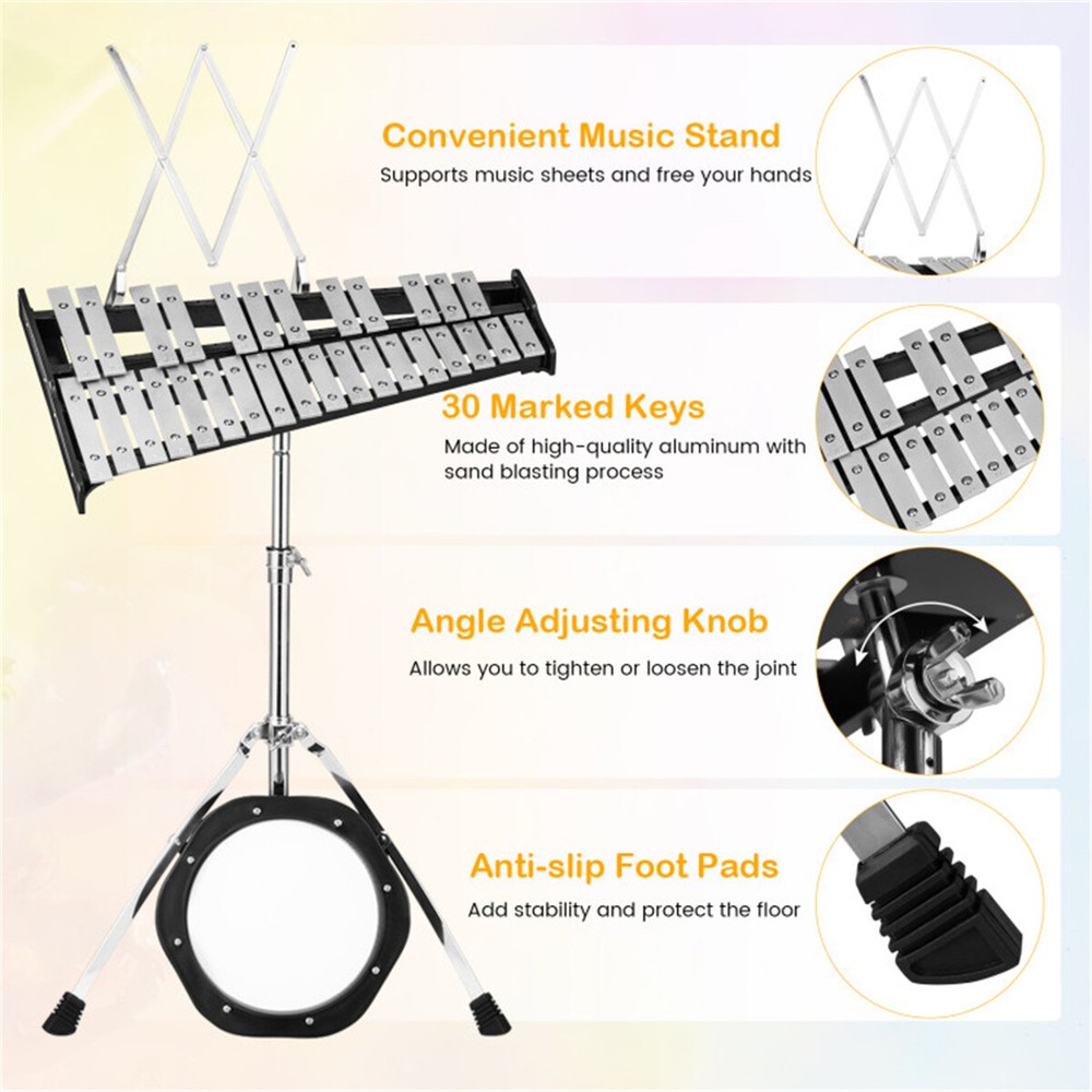 30 Notes Percussion Glockenspiel with Mallets Sticks Stand