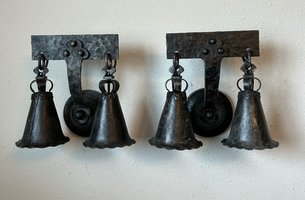 pair 1920-1930's hammered iron Arts & Crafts Gothic sconces