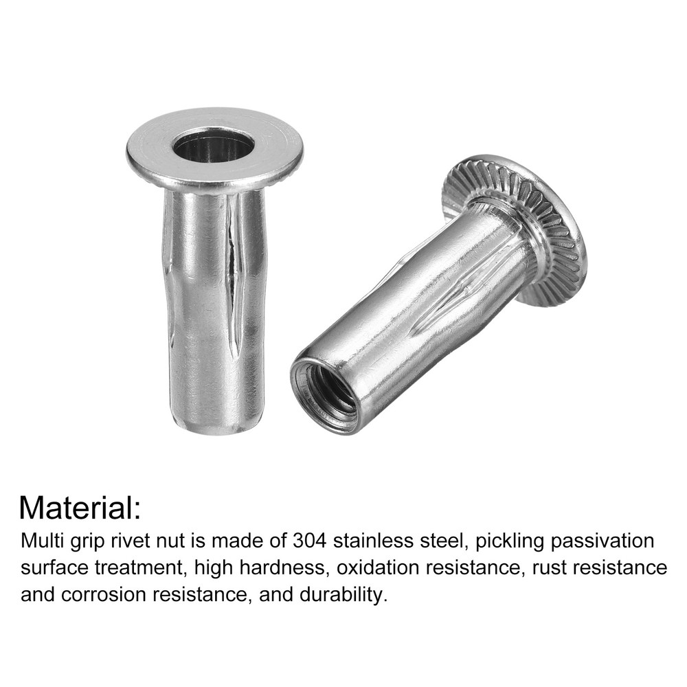 M6 Multi-Grip Rivet Nuts, 5pack Pre-Bulbed Insert Nut 304 Stainless Steel