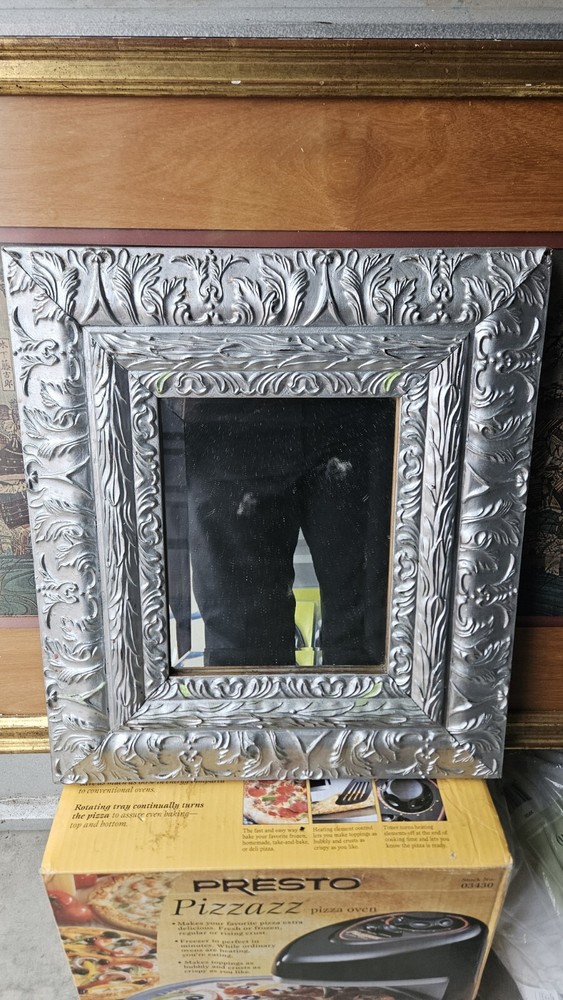 Silver Carved Solid Wood Wall Hanging Beveled Edges Mirror Plz Read Description