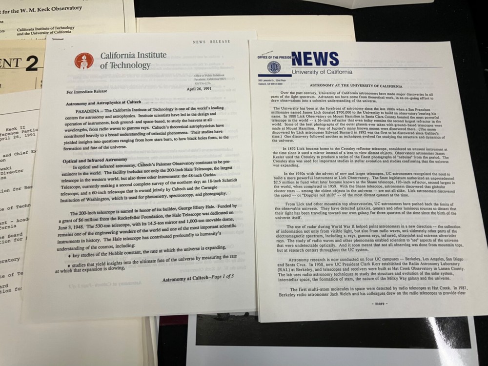 1991 W.M. KECK FOUNDATION & OBSERVATORY PRESS RELEASE KIT