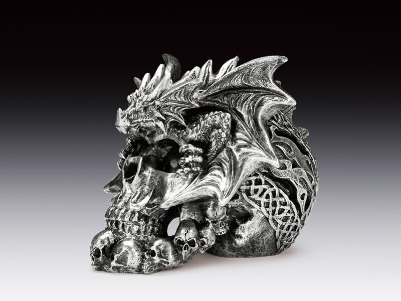 Skull Silver Dragon Figurine Statue Skeleton Halloween