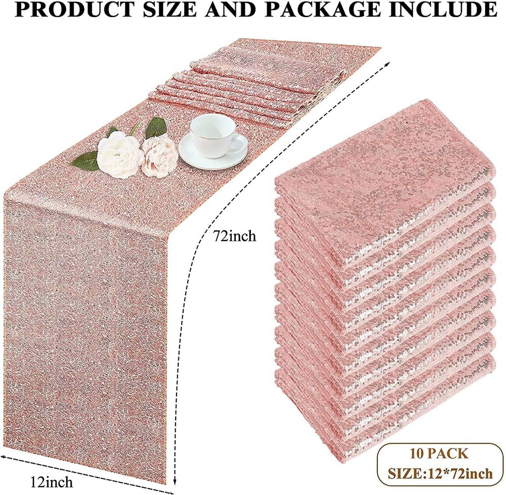 10 Pack Sequin Table Runner 12" x 72" Rose Gold Sequin Table Cloth for Rectan...
