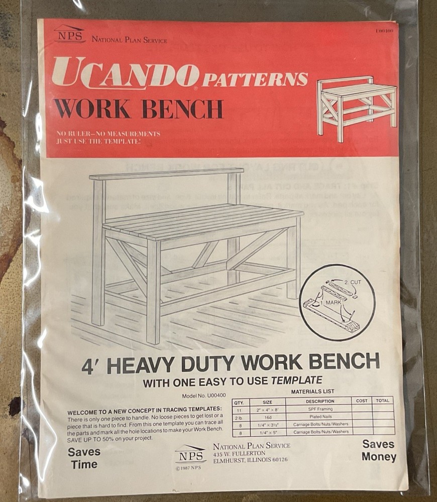 UCANDO U00400 4’ Work Bench Plans Rebagged With Material List NOS W/Templete