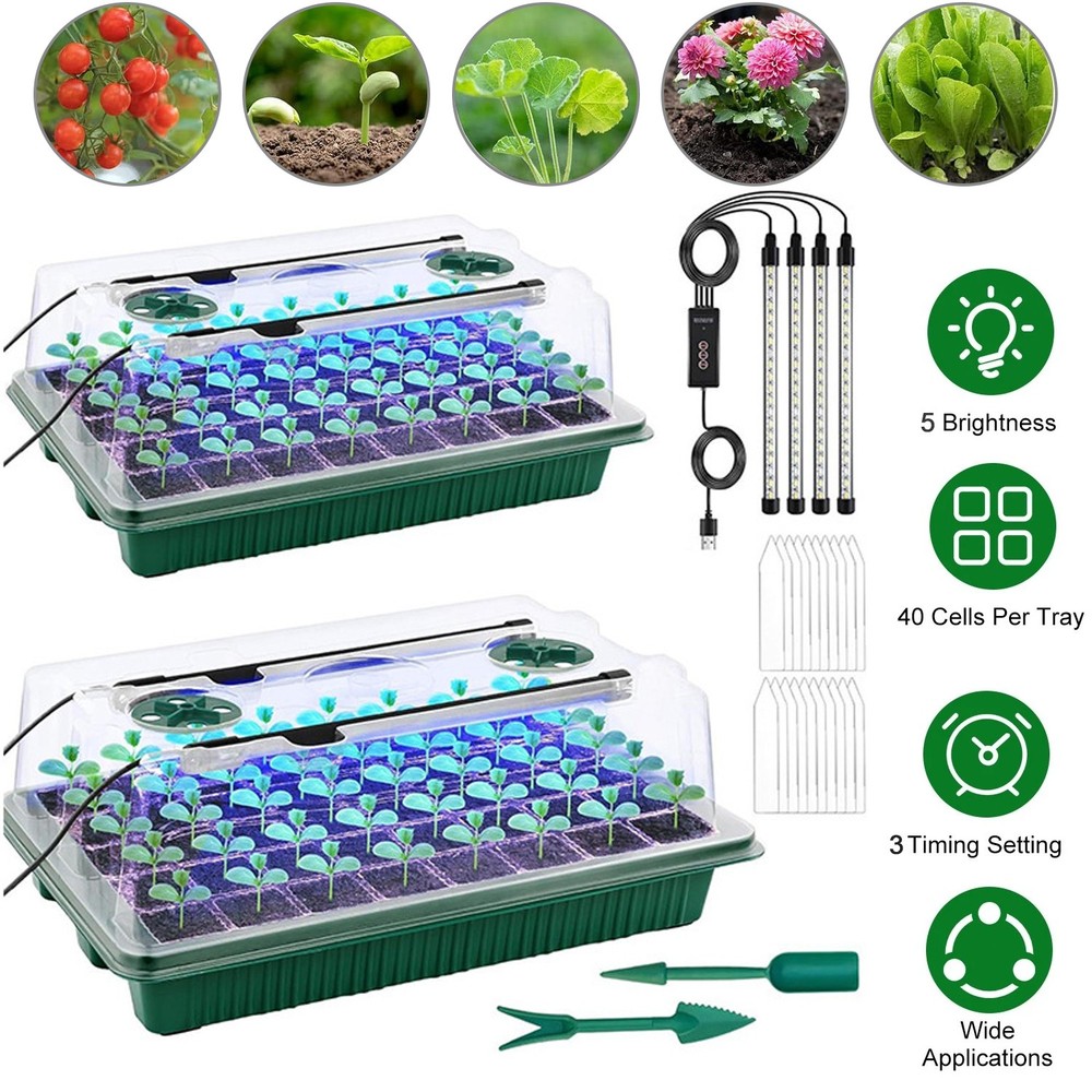 2 Pack Seed Starter Tray with Grow Light 80 Cell Durable Easy Use