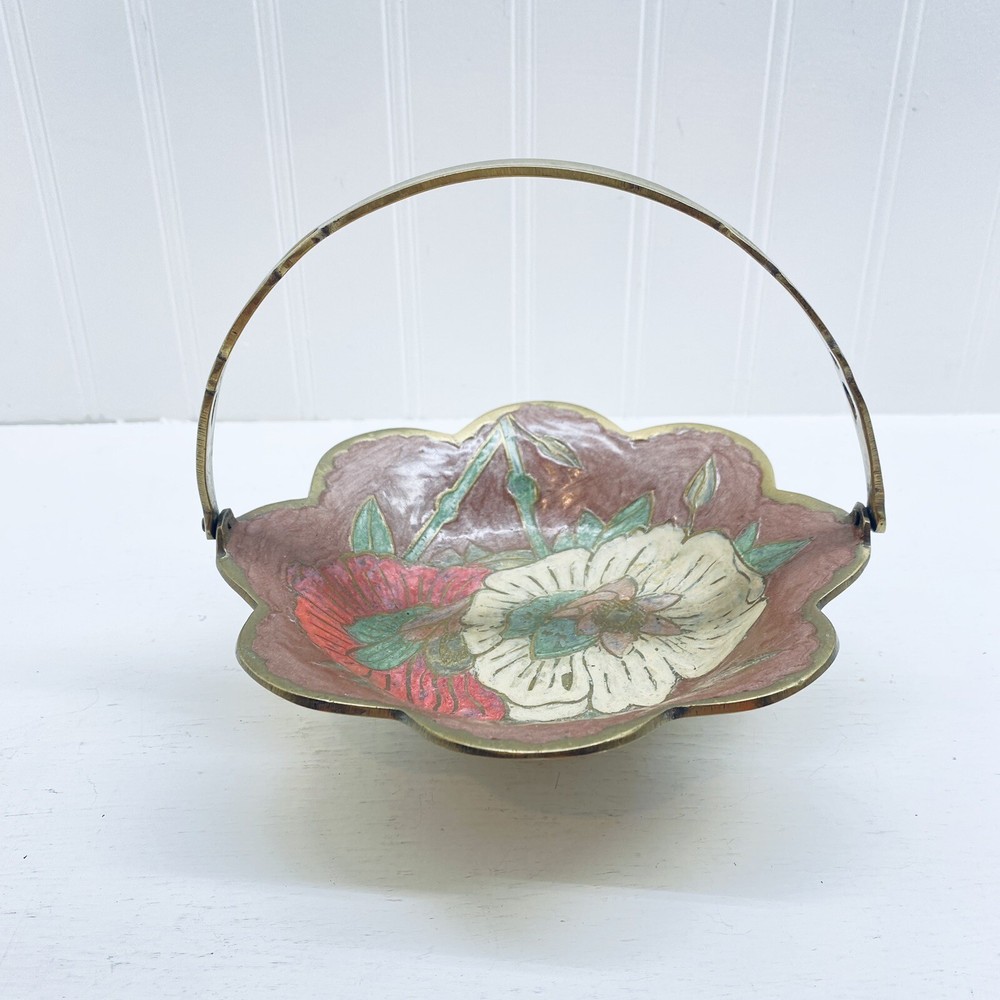 Solid Brass Cloisonné Enameled Basket Bowl With Handle Round Made in India