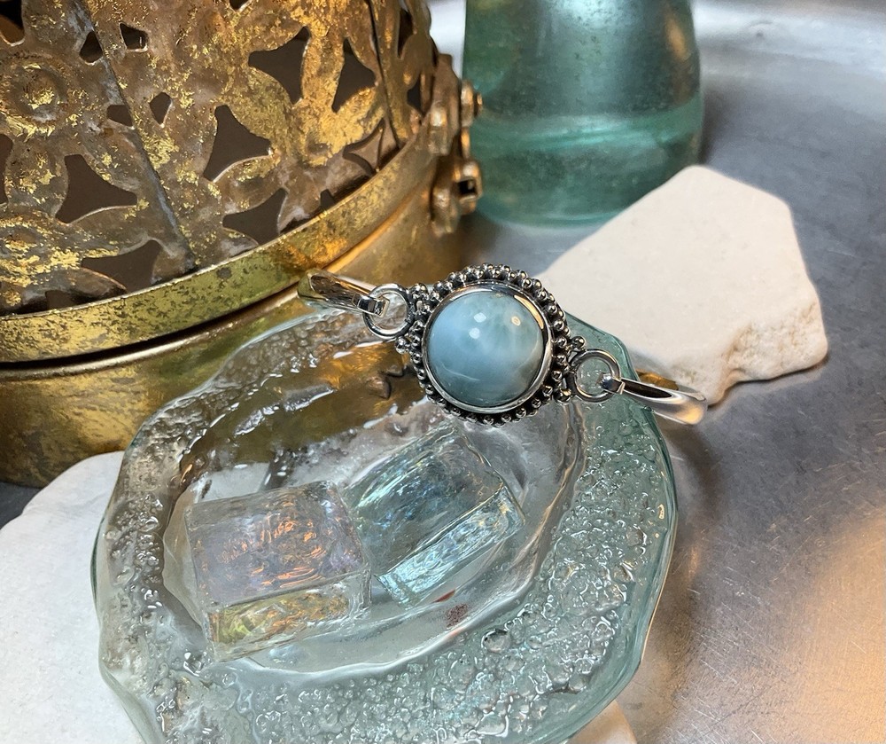 Genuine 925 Sterling Silver Larimar Gemstone Solid Clasp Bangle