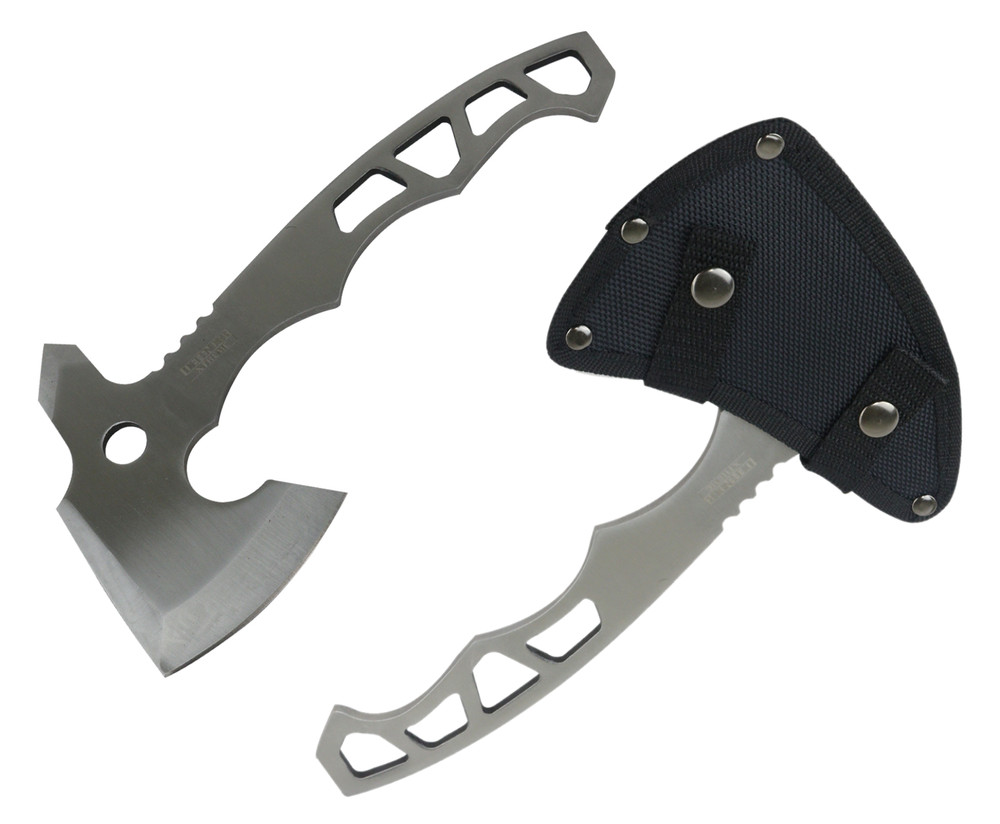 DEFENDER SOLID STAINLESS Skeleton Handle AXE Hatchet w/ Sharp Head & Sheath
