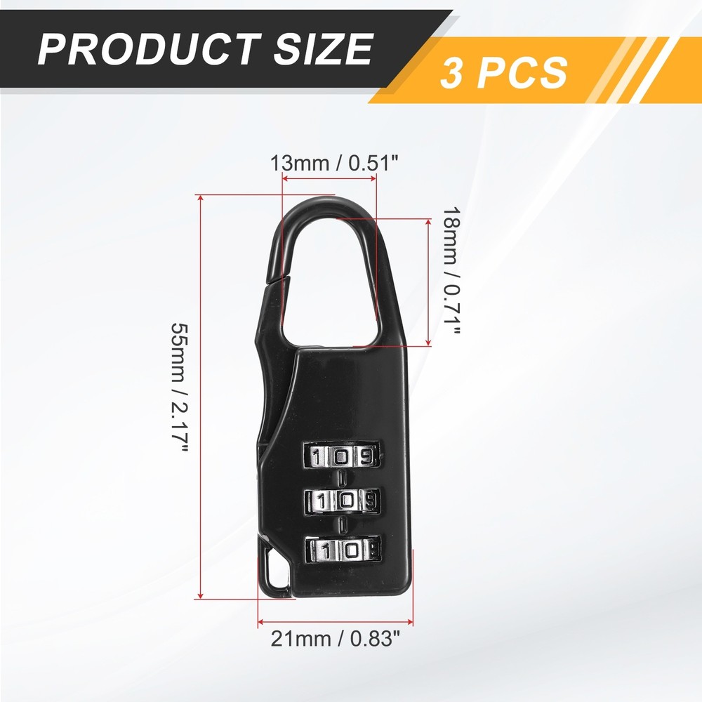 3Pcs Resettable 3 Digit Combination Lock Code Padlock, Black (55 x 21mm)