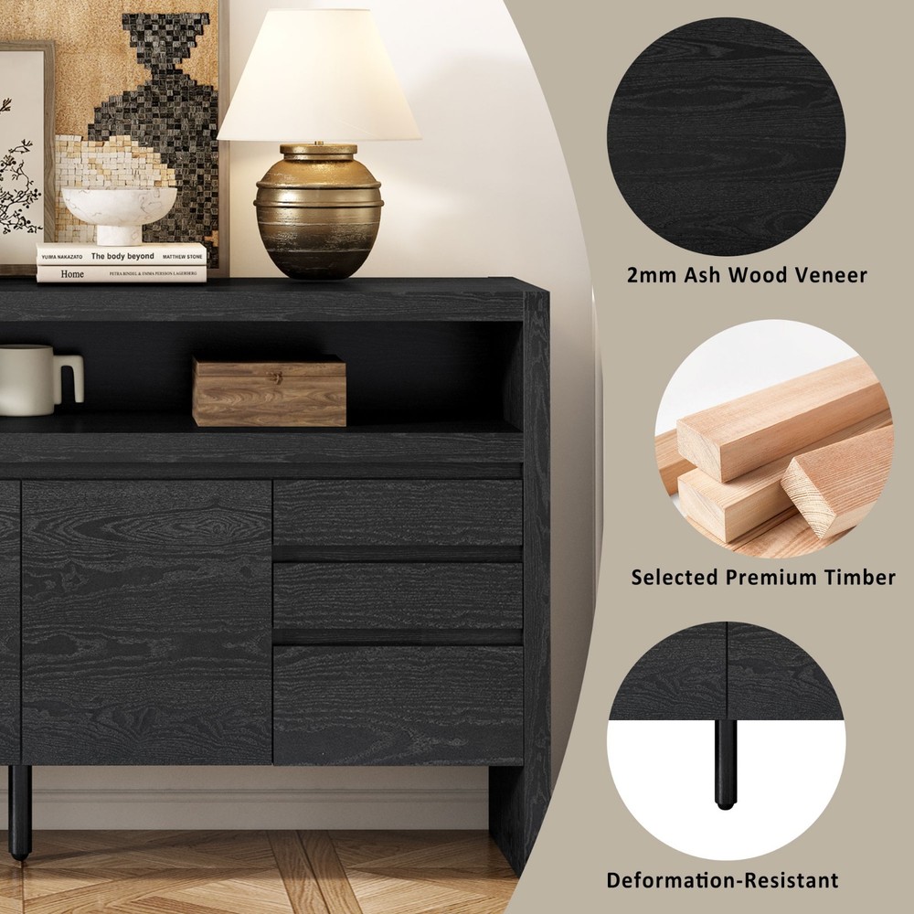 60" Modern Solid Ash Veneer Sideboard (3 Doors+3 Drawers, Semi-Open Shelf