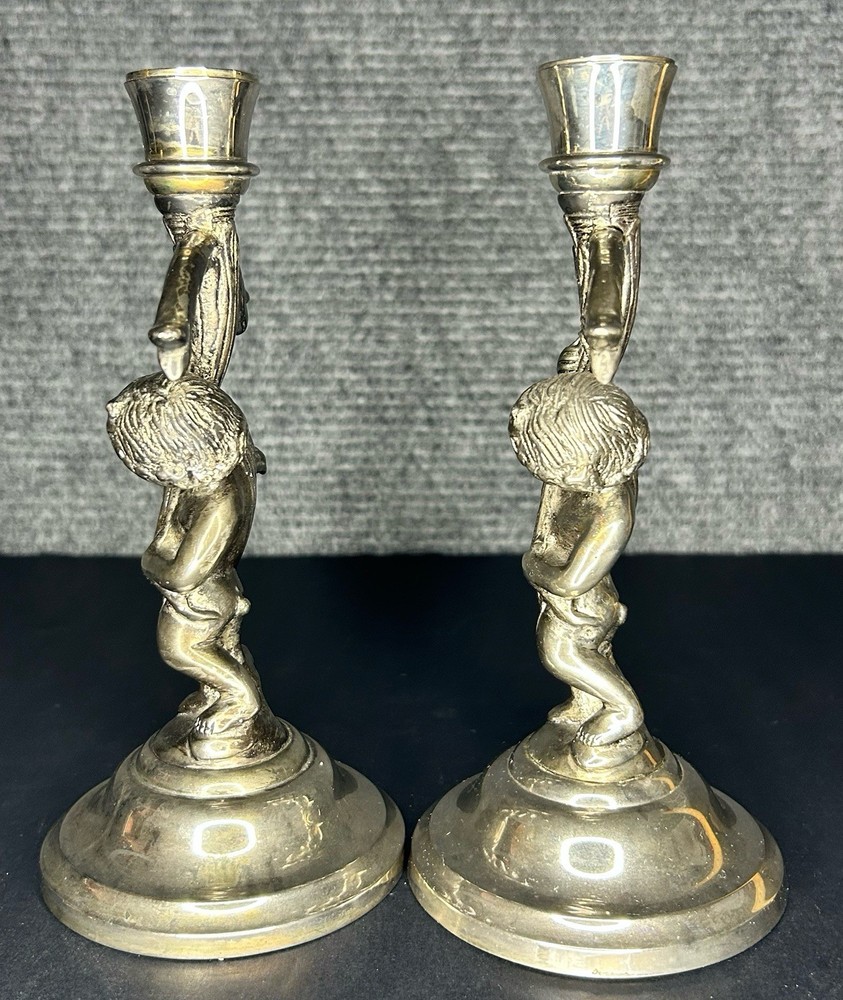 Vintage Silver Plated Cherub Candlestick Pair 8”