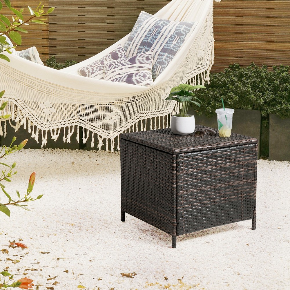 PE Wicker Side Table with Storage,Patio Rattan End Table Square Container