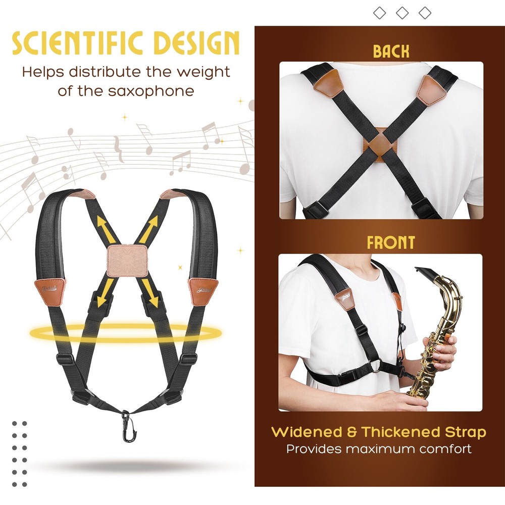Professional Saxophone Shoulder Strap w/ Adjustable Chest Harness Design, Black