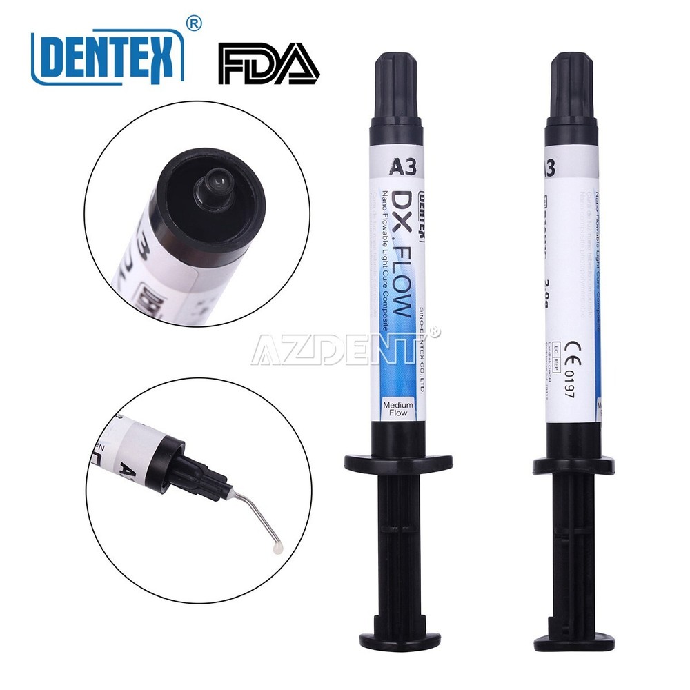 Dental Flowable Medium Flow Light Cure Composite A3 Shade Syringe DENTEX+5Tips