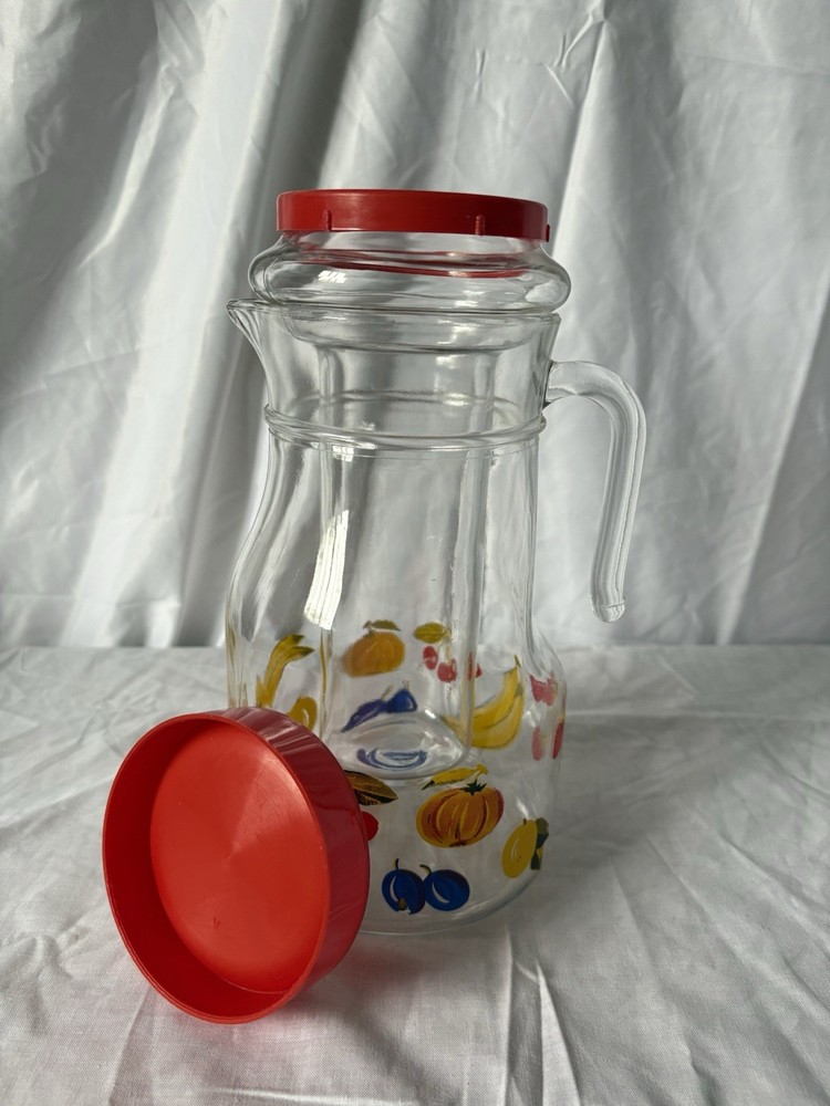 Large Vintage Glass Pitcher with Removable Ice Column | Fruit Pattern