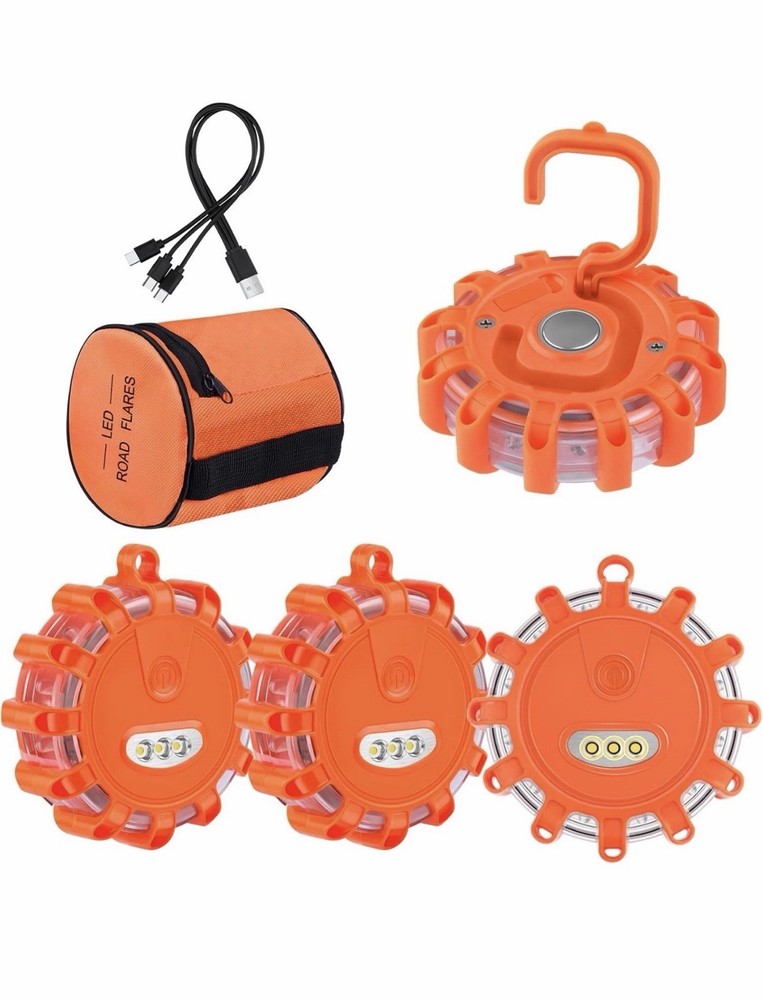 3X LED Road Flares Emergency Disc Safety Light Flashing Warning Roadside Beacon