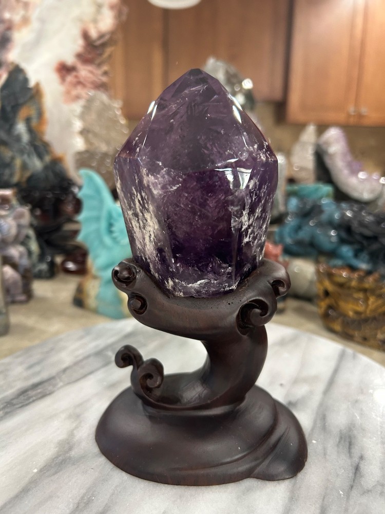 Amethyst quartz point with custom wood stand