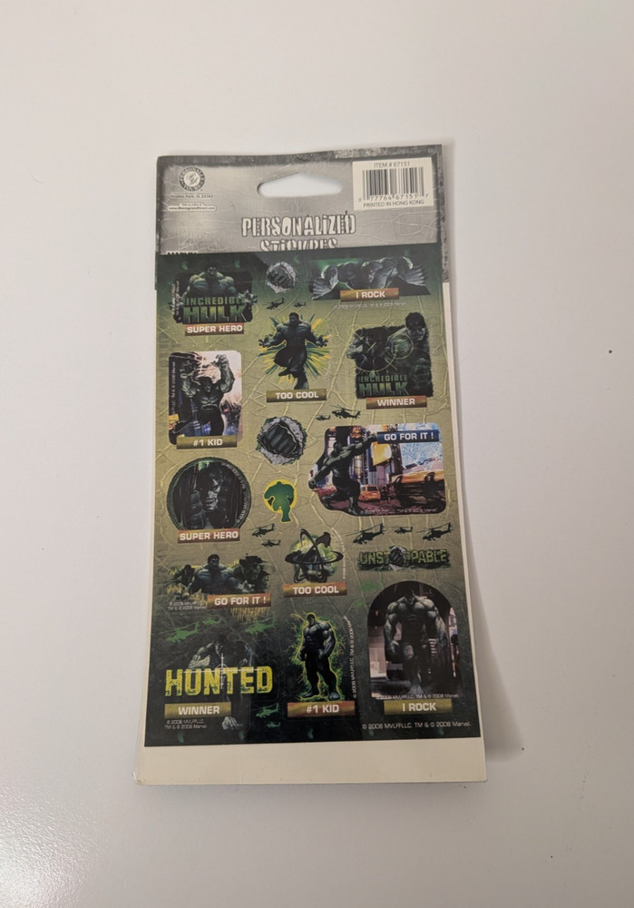 The Incredible HULK SUPERHERO Original NOS Stickers 2008 MARVEL COMICS 2 Sheets