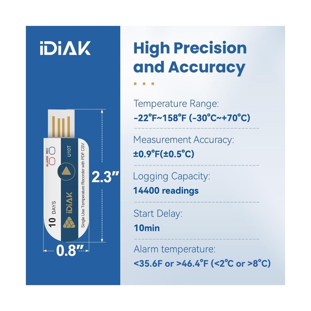 U10T 20 Pack USB Temperature Data Logger Single Use Temp Recorder with PDF an...