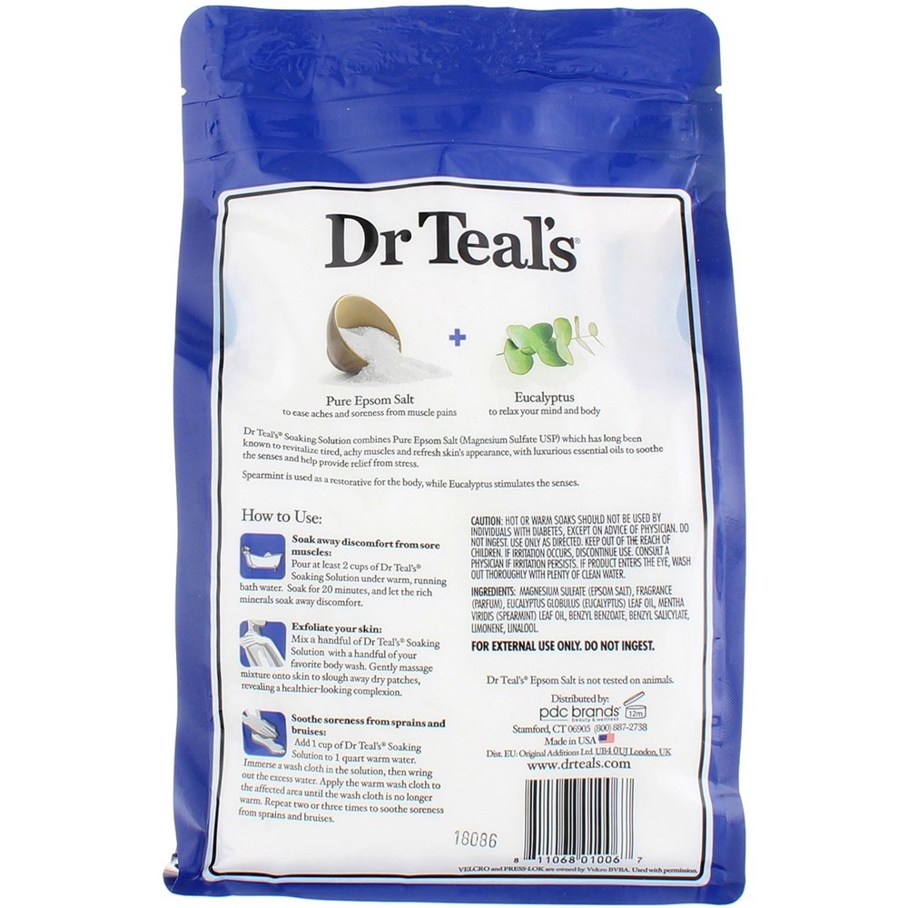 Dr Teal's Pure Epsom Salt Soaking Solution, Eucalyptus & Spearmint, 3 lbs