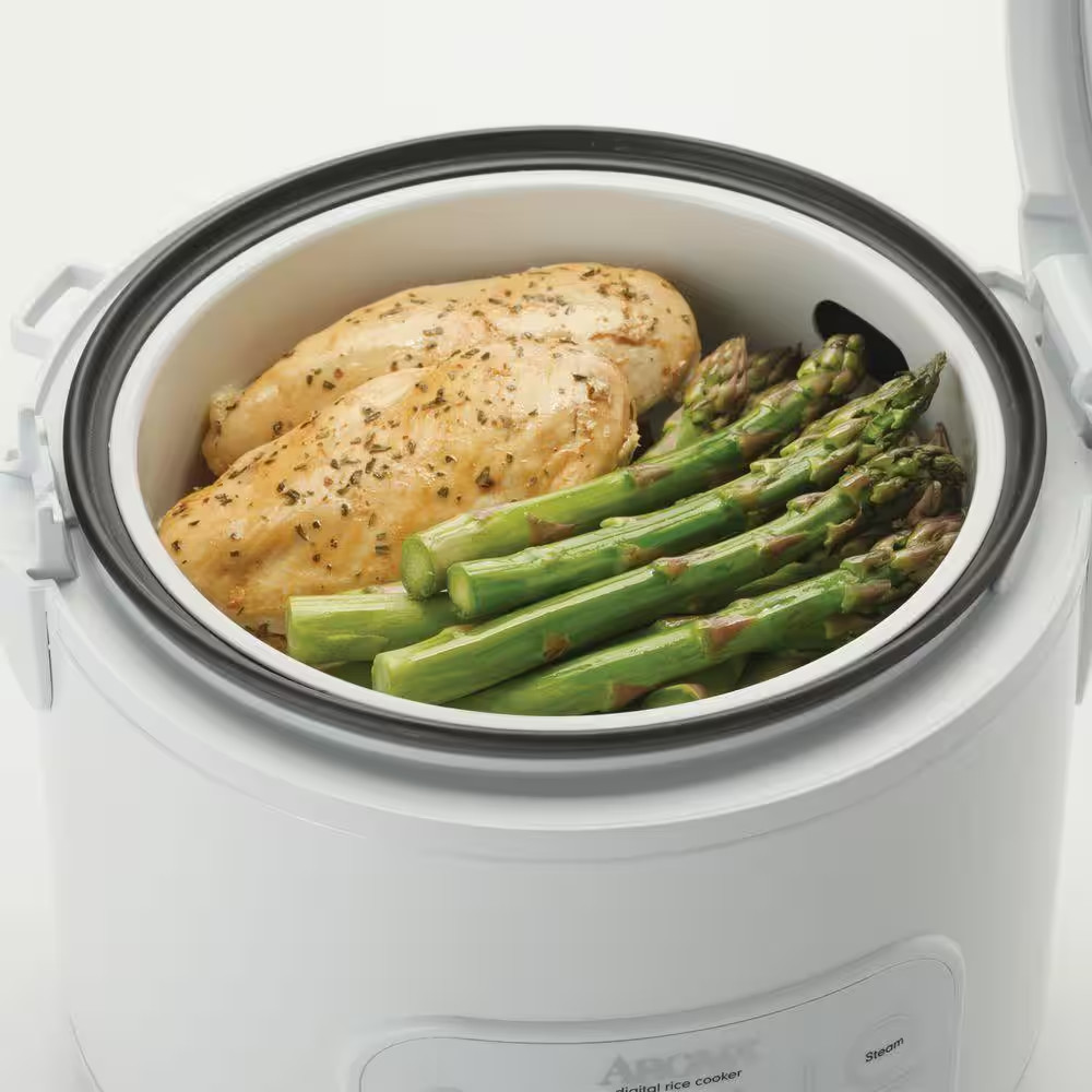 8-Cup White Digital Rice Cooker in Black Control Panel