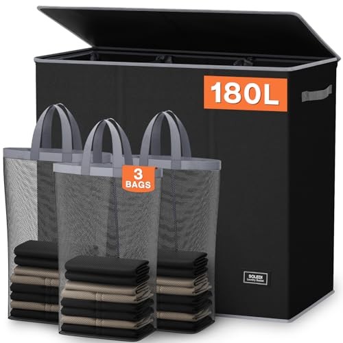 Laundry Hamper 3 Section, Extra Large Laundry Hamper with Lid, 180L Black