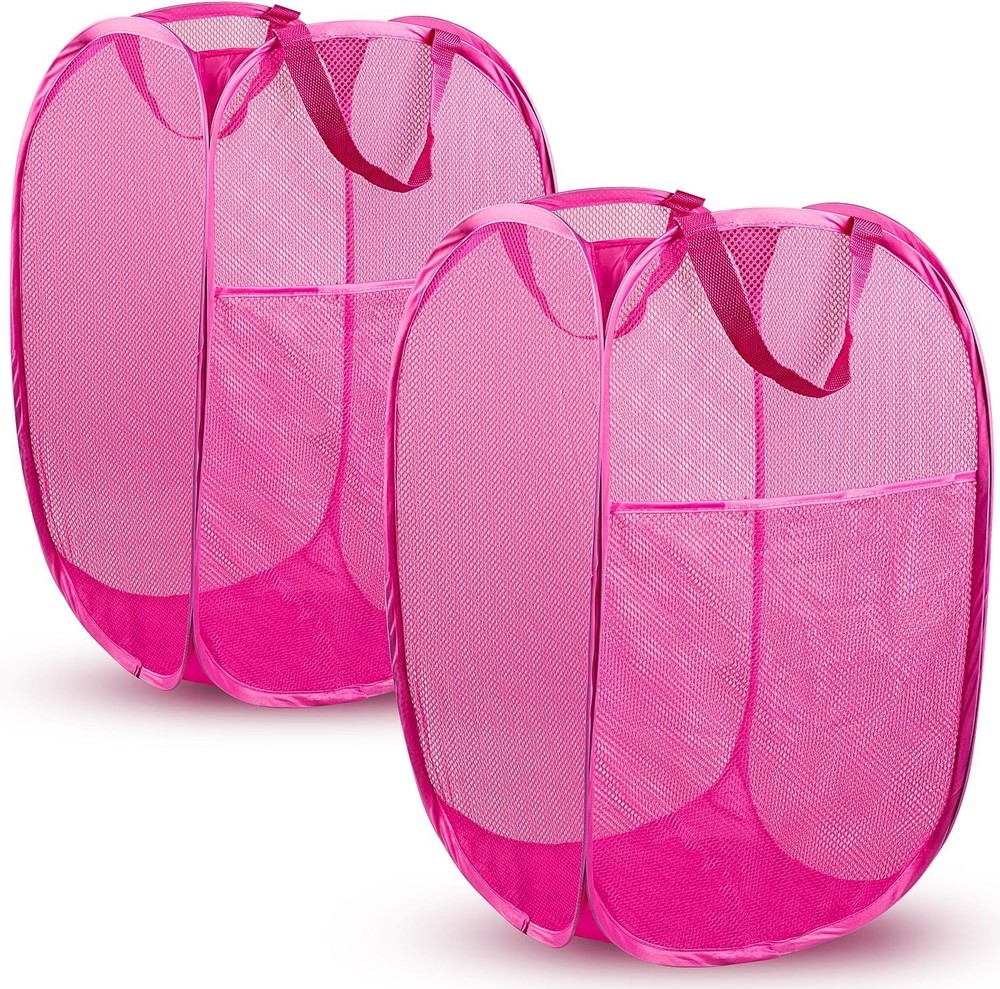 Compact Pink Mesh Laundry Hamper Set - Effortless Organizing for Any Setting