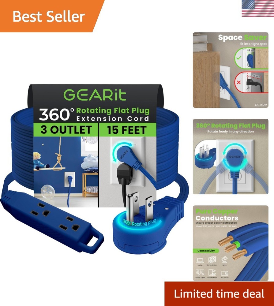 360° Rotating Flat Plug Extension Cord - 3 Outlets, 15ft Navy,  Certified
