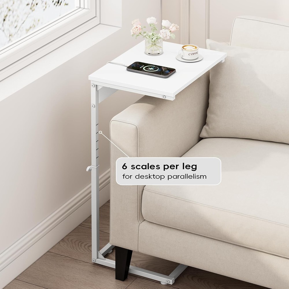 C Shaped End Table W/ Charging Station Adjustable Height Side Table Couch Small