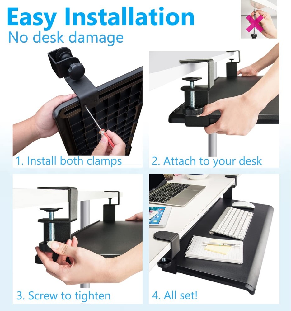 Max Smart Clamp On Keyboard Tray Under Desk, Pull Out Keyboard Tray, 20inch, Eas