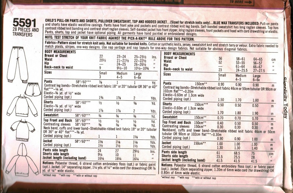 5591 Vintage Simplicity Sewing Pattern Boys Pull on Pants Short Sweatshirt Top