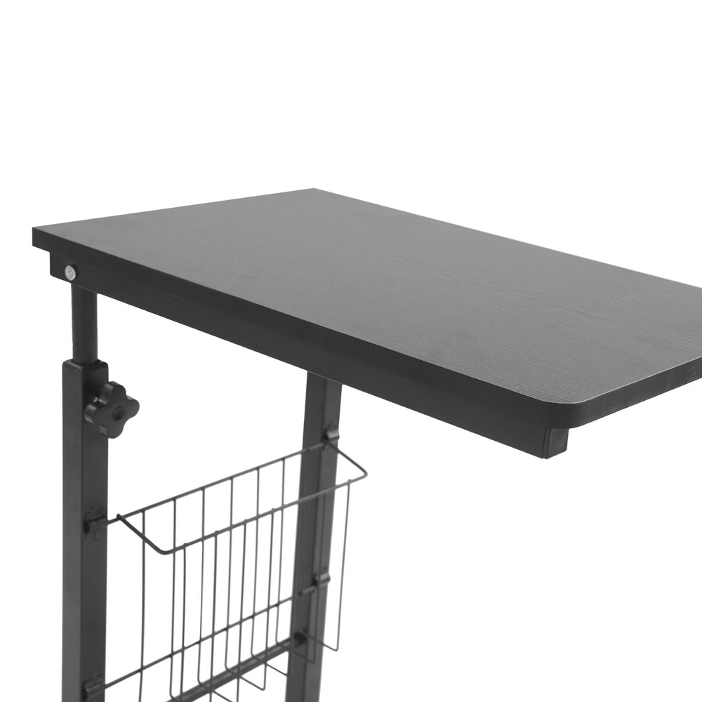 2 Tiers Adjustable Bed Side Table Thickened Mobile Standalone Table w/ Wheels