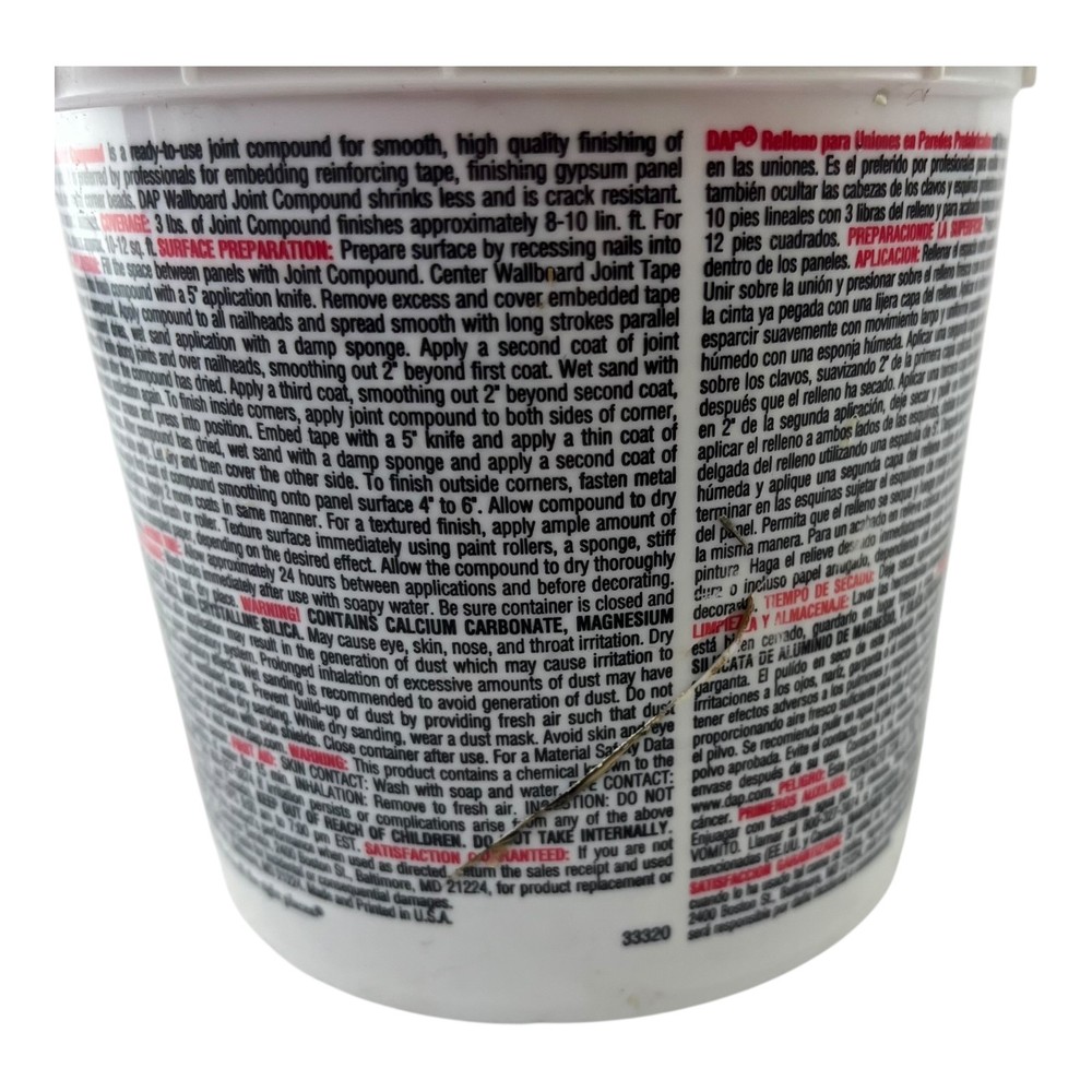 DAP Wallboard Joint Compound Ready to Use 3 lbs Professional Grade Smooth Finish