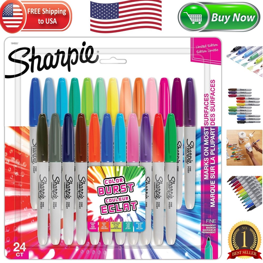 24-Pack Color Burst Fine Tip Permanent Markers - Durable Ink for Every Surface