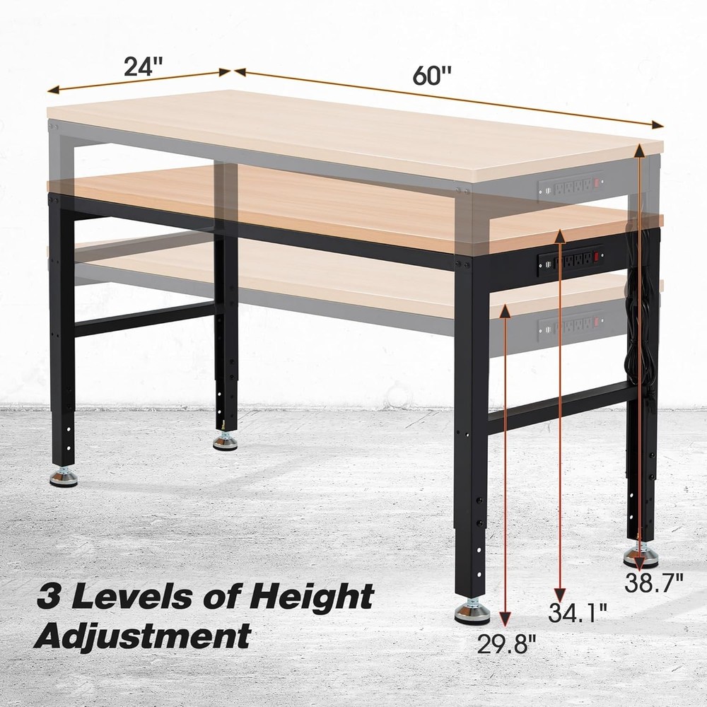 60” Adjustable Workbench，Heavy Duty Wood Work Bench 2000 Lbs Load Capacity,Work