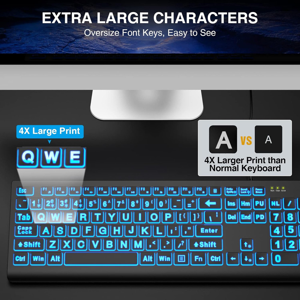 Large Print Backlit Keyboard, Wired USB Lighted Computer Keyboards with 7-Color