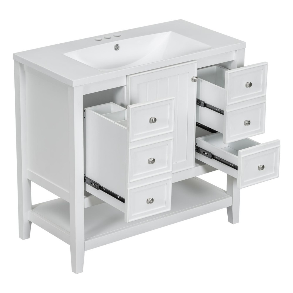 Modern 36” Bathroom Vanity with Ceramic Basin, Storage Cabinet, Drawers &