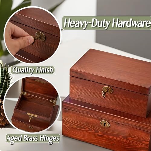 Wooden Box with Hinged Lid - 2 Pack - Vintage Decorative & Lockable Chest -