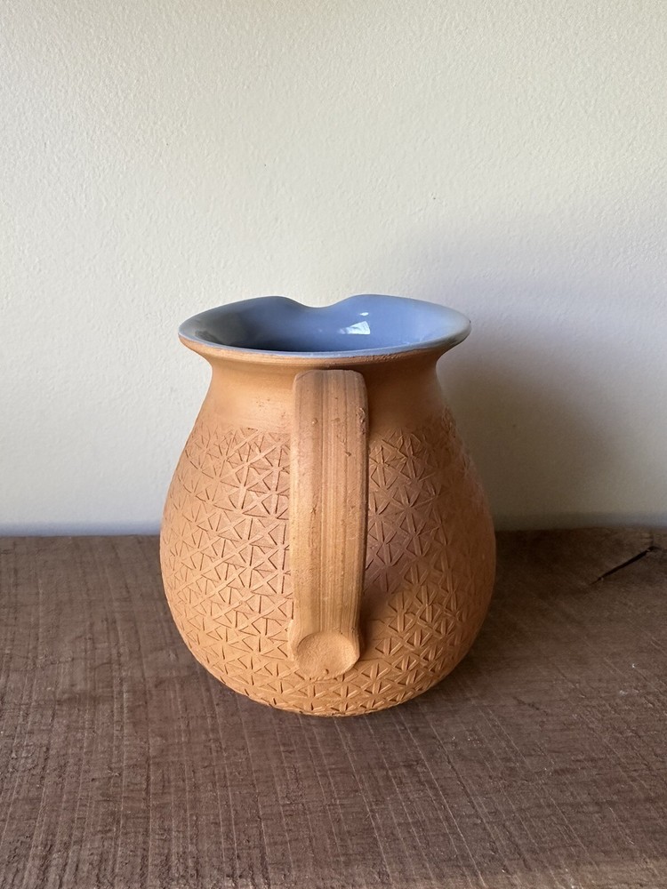Vintage Terracotta Pitcher With Blue Glazed Interior