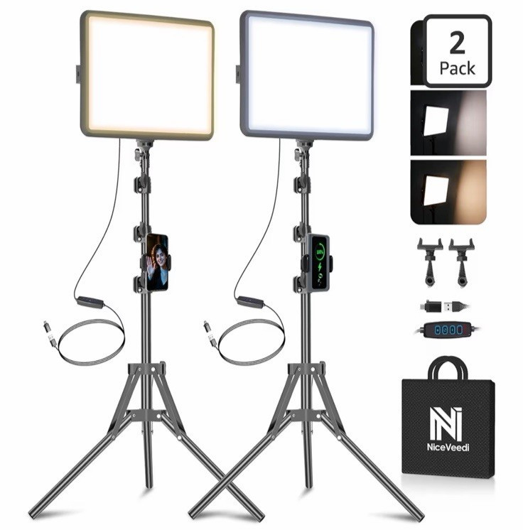 Professional 2-Pack LED Video Light Kit with Adjustable Tripod & USB-C Power
