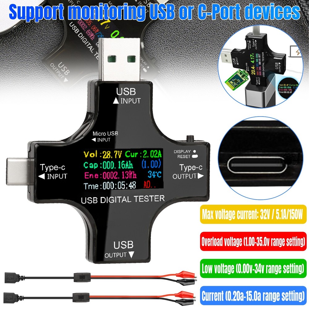 USB LCD VoltMeter Tester TypeC Multimeter Current Voltage Power Detector w/Cable
