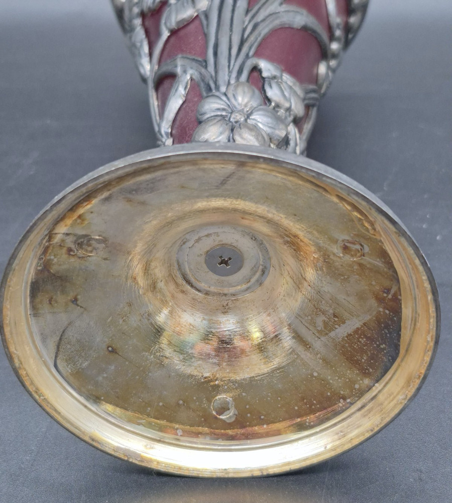 Ruby Red Vase Brass Base Vintage 10" Tall