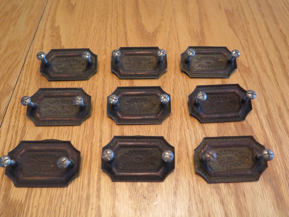 Antique Brass Tone Drawer Pulls Drop Pulls - Set of 9