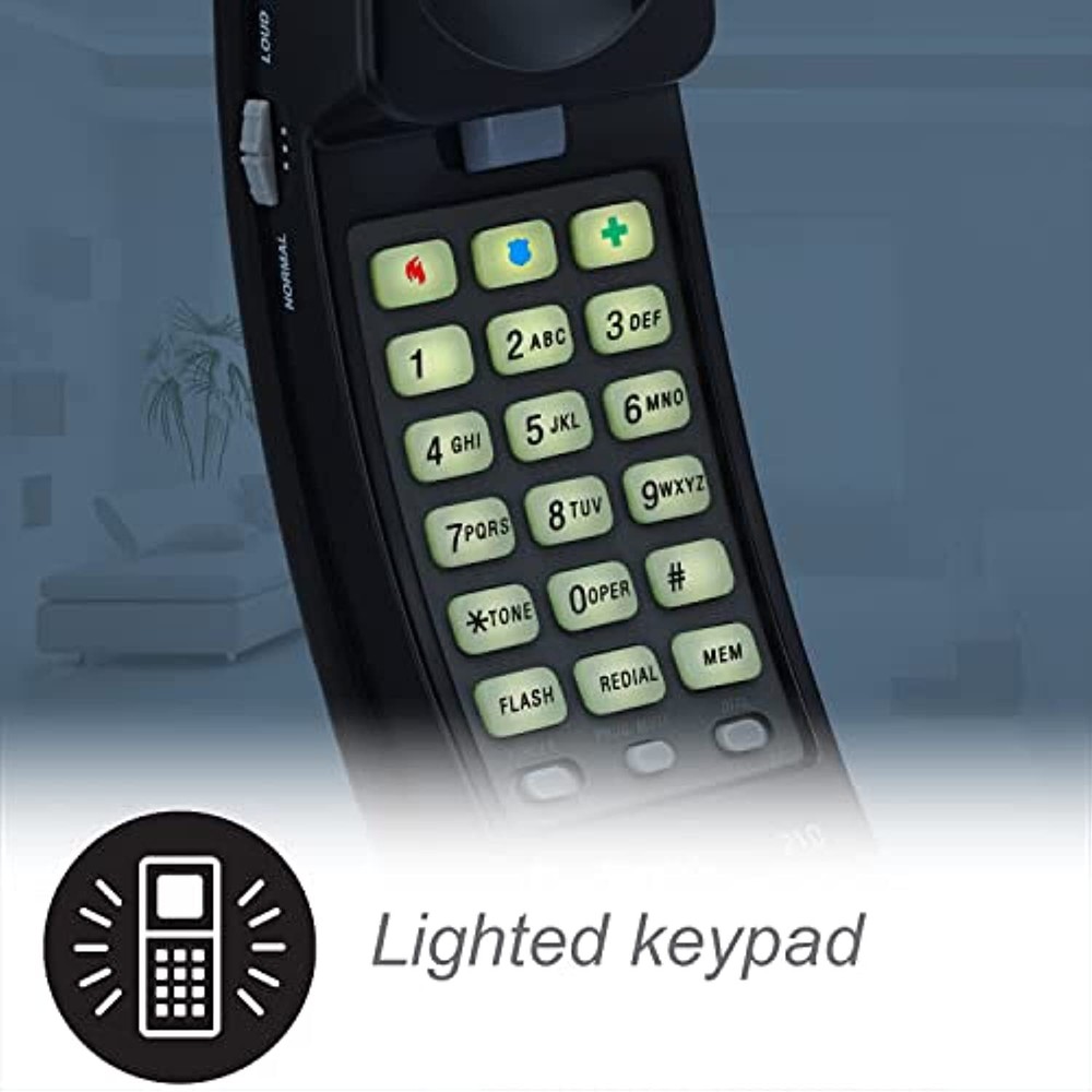 AT&T 210 Basic Trimline Corded Phone, No AC Power Required Wall-Mountable Black