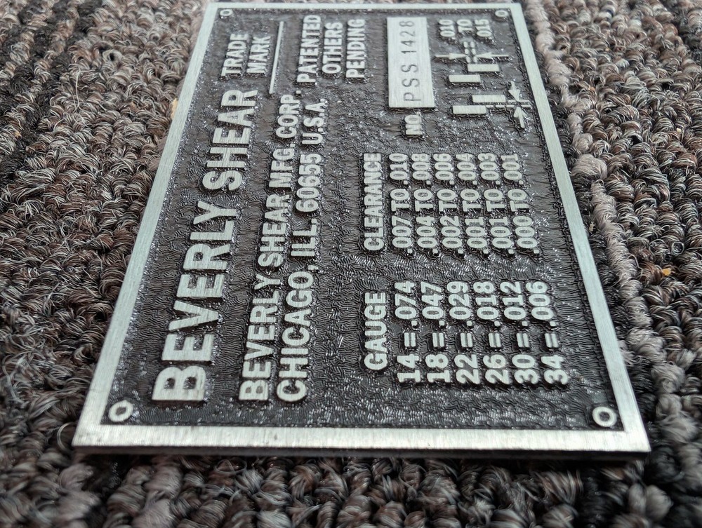 Original Beverly Shear Manufacturing Co. Rectangular Name Plate