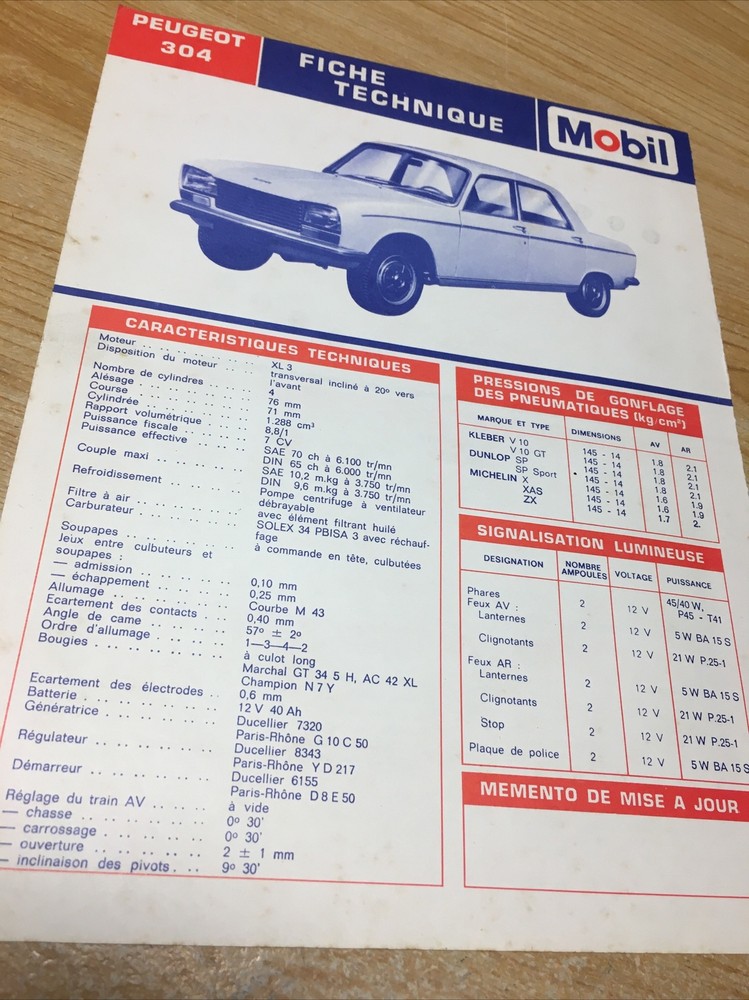 Automobile Technical Sheet Peugeot 304 Engine XL3 Lubrication Maintenance