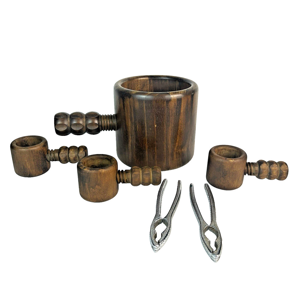 Vintage Wood Nutcracker Set Walnut Serving Bowl 3 Crackers Complete Hand Turned