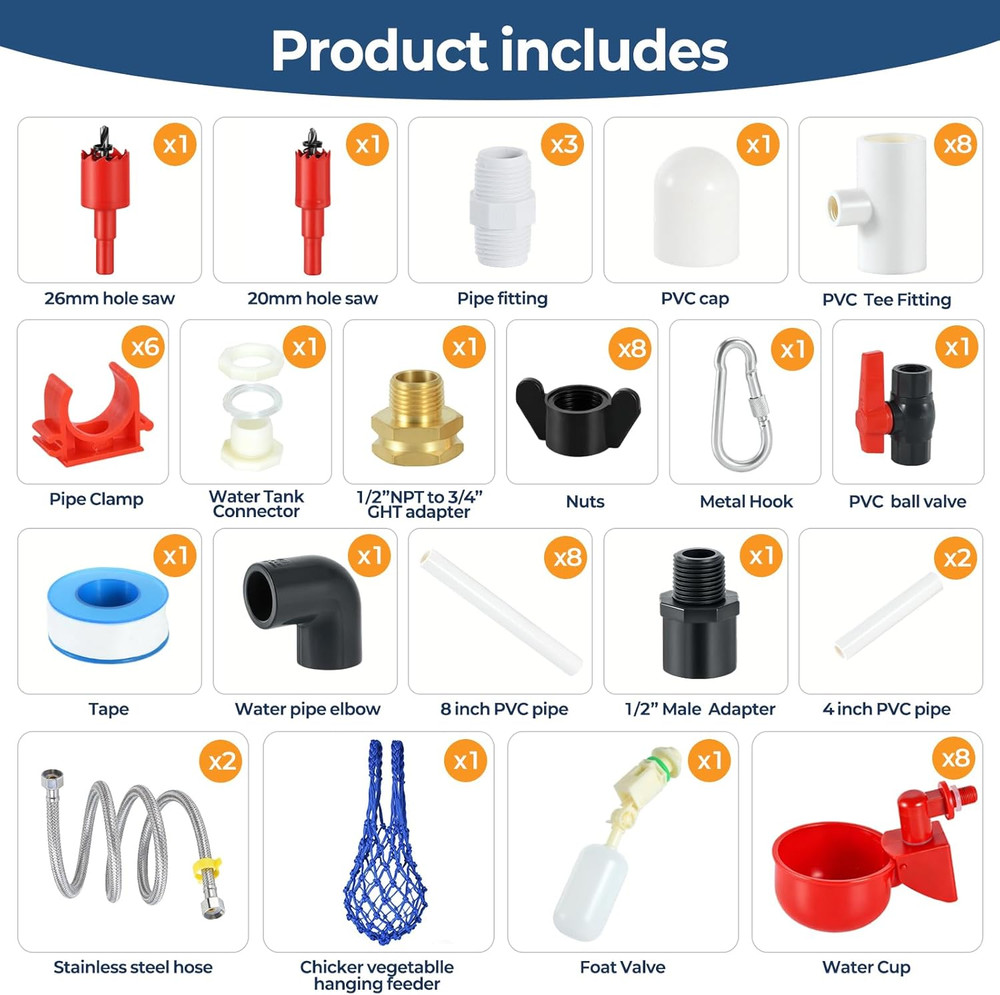 57 Pcs Automatic Chicken Waterer System Set, Chicken Watering System Kit with 8