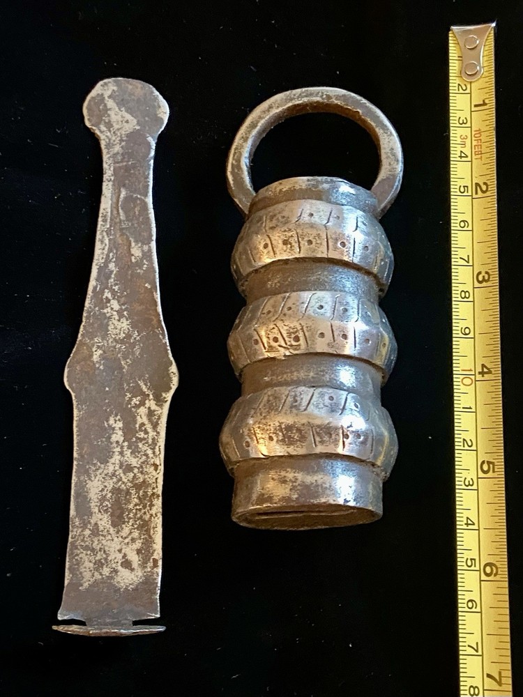 PRIMITIVE RARE BIG SIZE RUSTIC IRON HEAVY PADLOCK WITH ORIGINAL PUZZLE KEY