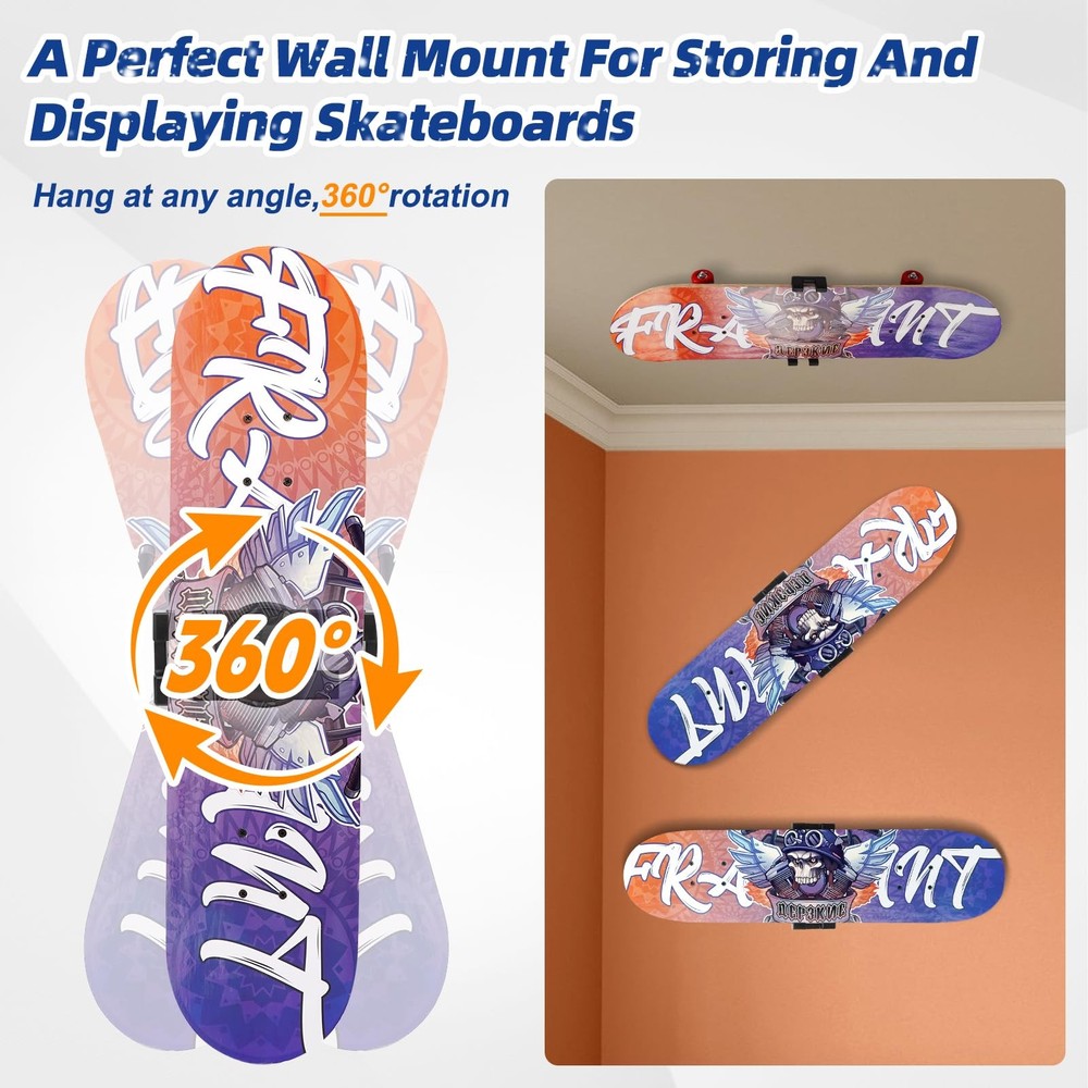 YIBEICO 2pc Skateboard Wall Mount Hanger 360° Rotating Display Rack Deck
